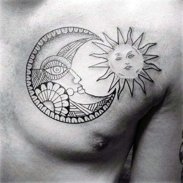 Florally-Patterned Moon Pairs With Traditional Sun Tattoo Design