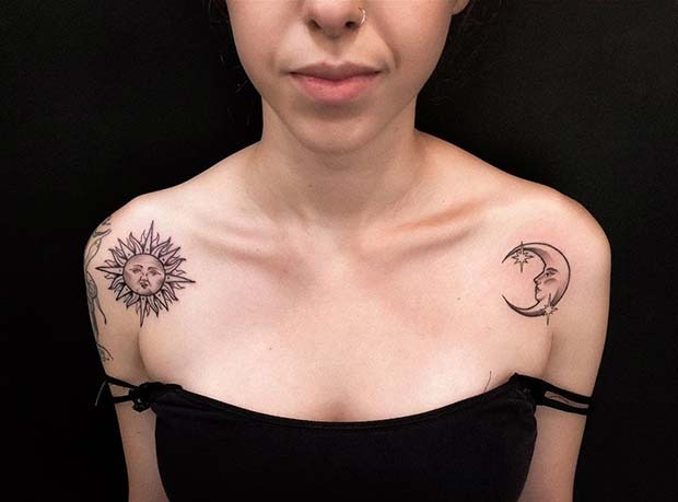 Forward-Facing Sun and Moon Shows Bold Personality Tattoo Design