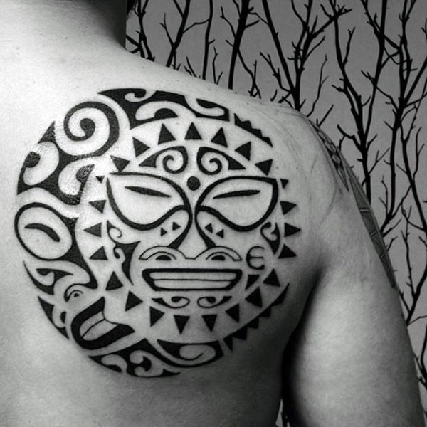 Gleeful Sun Smiles With a Tribal Angry Moon Tattoo Design