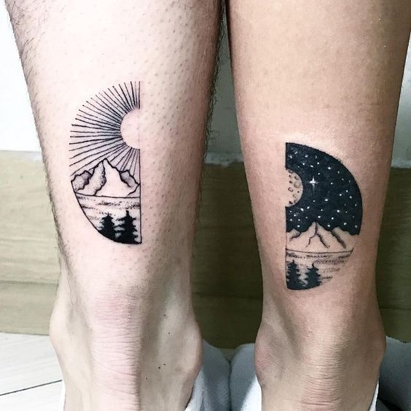 Half-Circle Pair of Daytime and Nighttime Scenes That Fit Together Tattoo Design