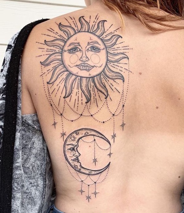 Interconnected Sun and Moon Dreamcatcher Design for an Elegant Back Tattoo Design