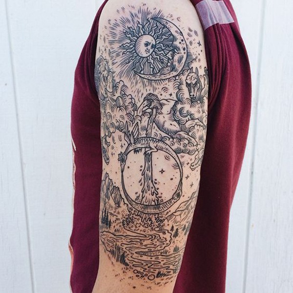 Intricate Nature Scene With Expressive Mythical Creatures Tattoo Design