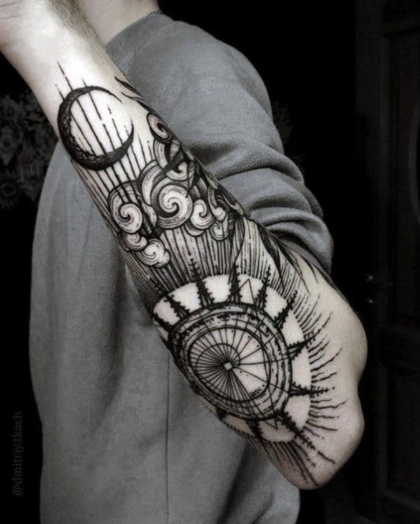 Long Geometric Rays Add Compass Design to Sun and Moon Tattoos Tattoo Design