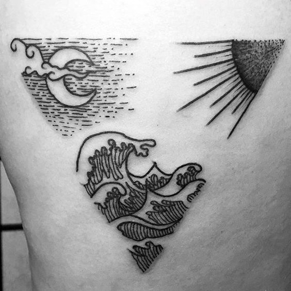 Minimalist Sun Tattoo Idea: Wavy Sun and Moon Tattoo With a Triangular Flare Tattoo Design