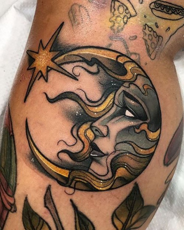 Moon Design: Golden-Haired Moon for the Perfect Depiction of Beauty Tattoo Design