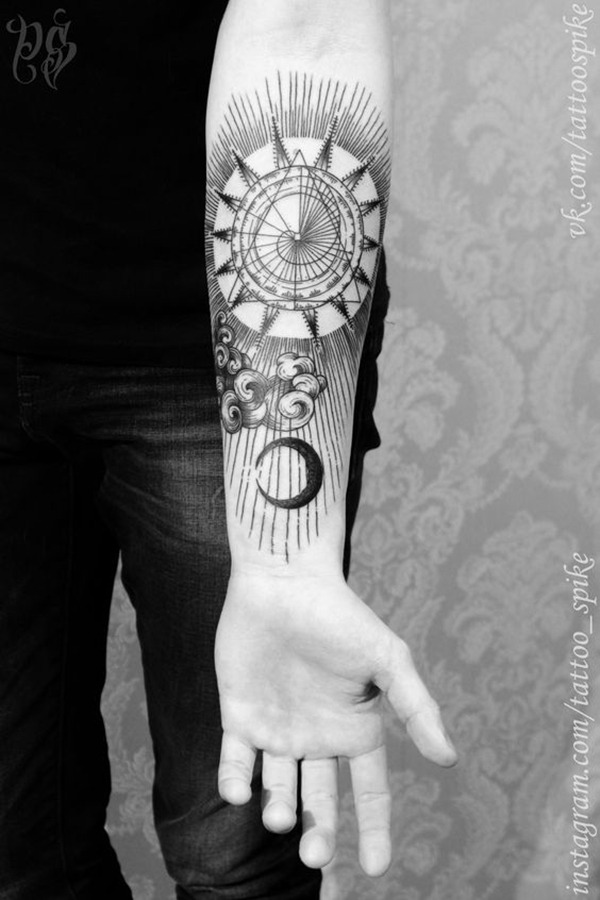 Outstretched Sun and Moon Tattoo Look with Archaic Elegance Tattoo Design