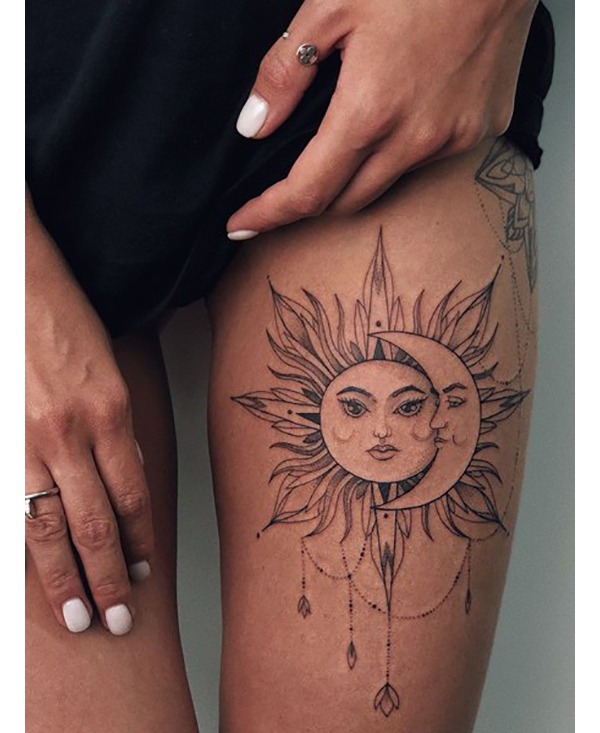 Sun and Moon Couple Hangs Pendulum Along with Beautiful Rays Tattoo Design