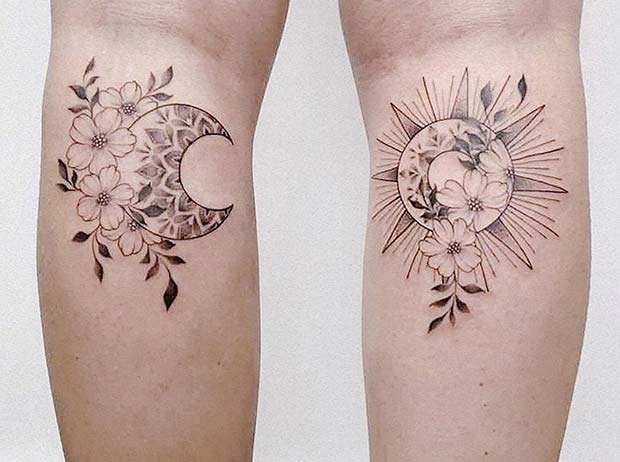 Sun and Moon Sprouting Flowers Tattoo Design