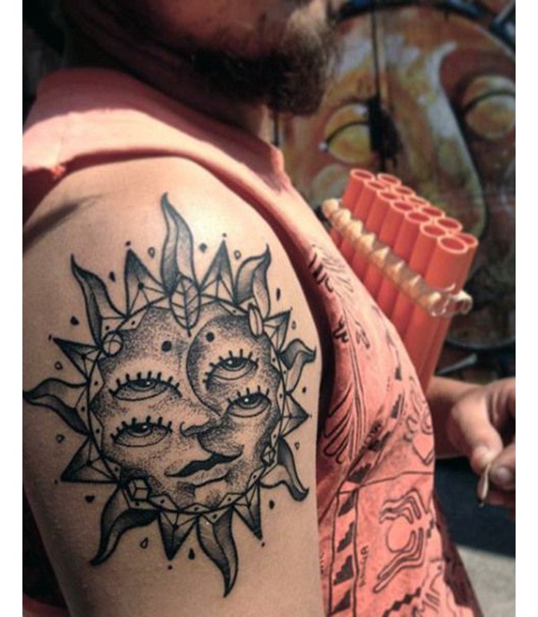 Sun and Moon Tattoos: Four-Eyed Sun Keeps a Watchful Stare Tattoo Design