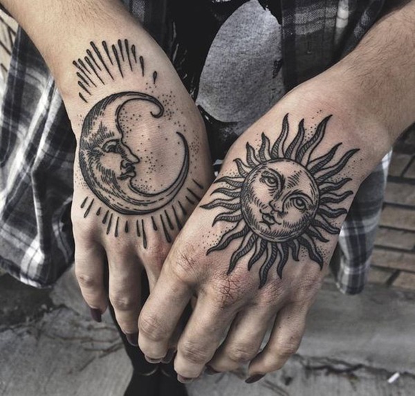 Thick-Lined Design for an Old-Fashioned Sun and Moon Faces Tattoo Design