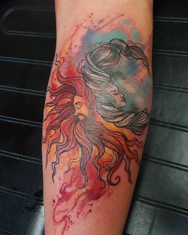 Vibrant Personification of Half Sun and Moon in the Sky Tattoo Design