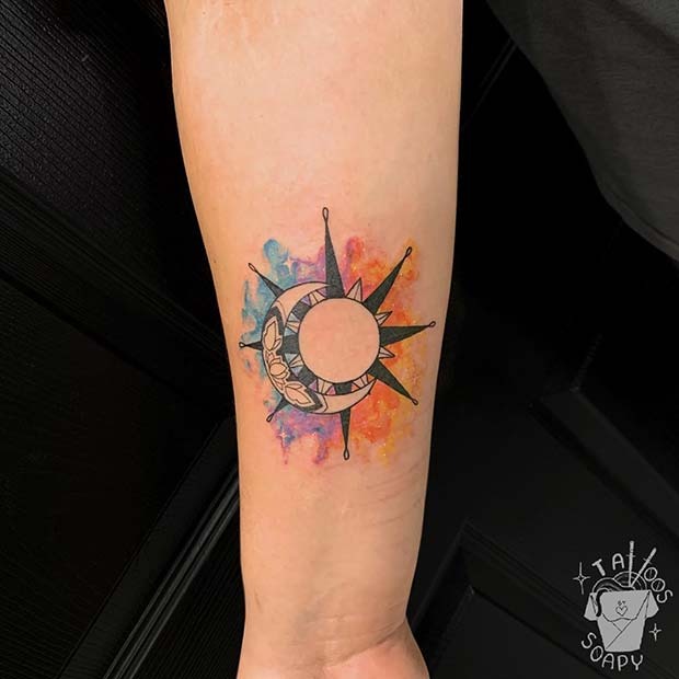 Vibrantly Shaded Sun and Moon Structure for Colorful Souls Tattoo Design