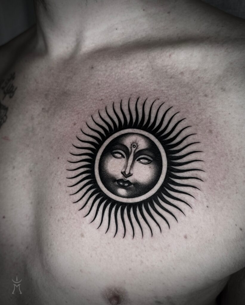 Blackwork Sun Deity Chest Tattoo Tattoo Design