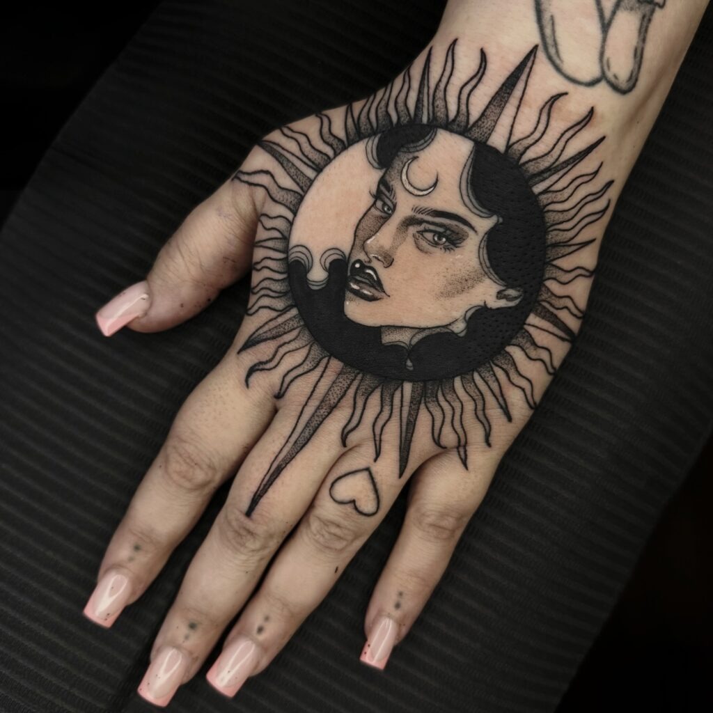 Celestial Woman Sun Tattoo on Hand Tattoo Design