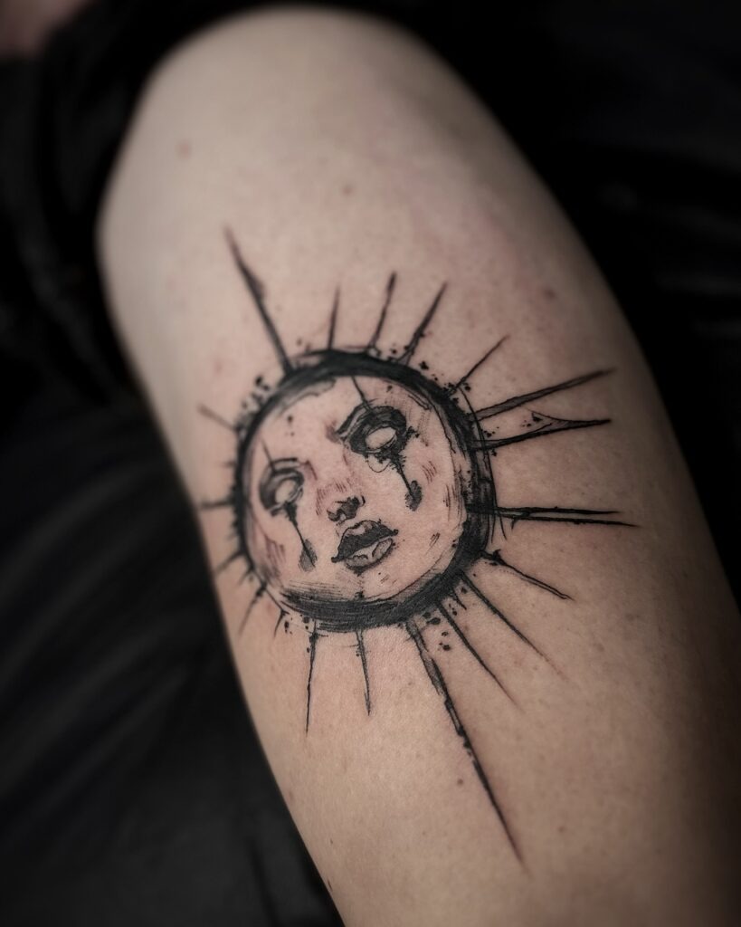 Crying Sun Face Tattoo with Grunge Linework Tattoo Design