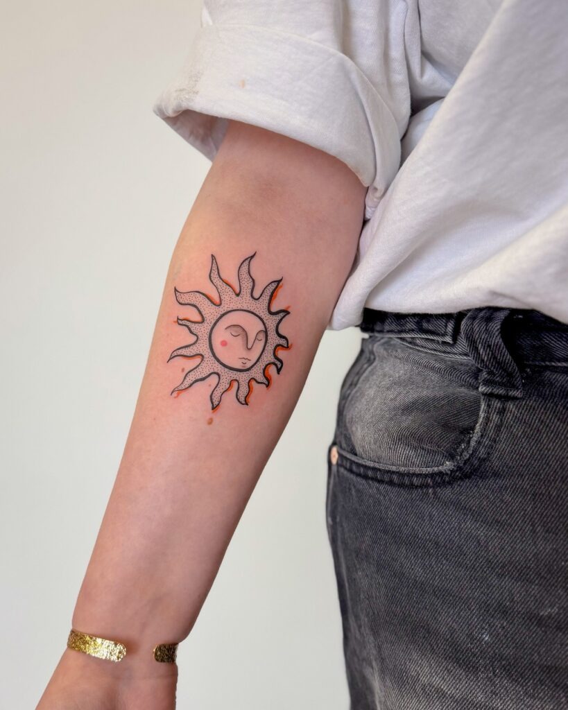 Cute Sun Face Tattoo with Orange Flame Accents Tattoo Design
