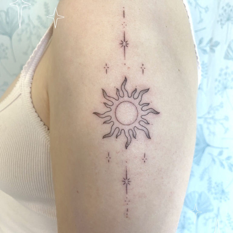 Delicate Radiant Sun and Stars Tattoo Tattoo Design