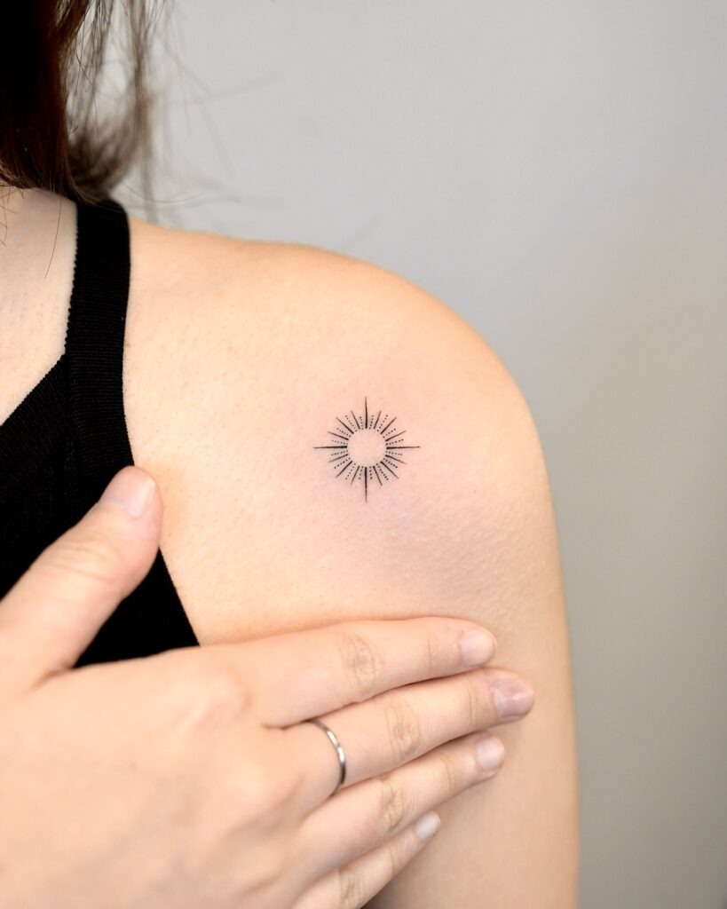Fine Line Sunburst Shoulder Tattoo Tattoo Design