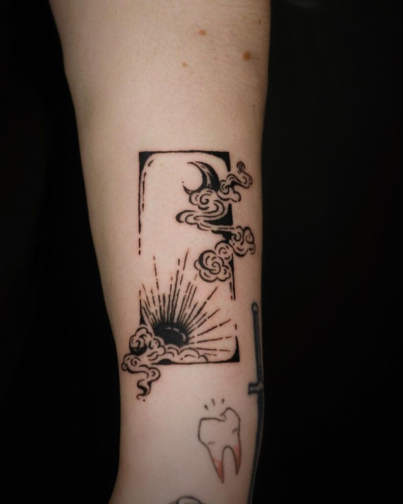 Framed Sunrise and Moon Tattoo with Clouds Tattoo Design