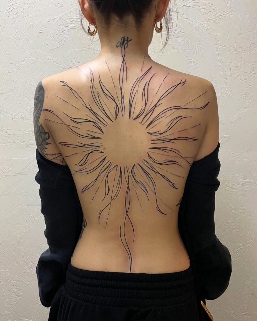 Full-Back Radiant Sun Linework Tattoo Tattoo Design