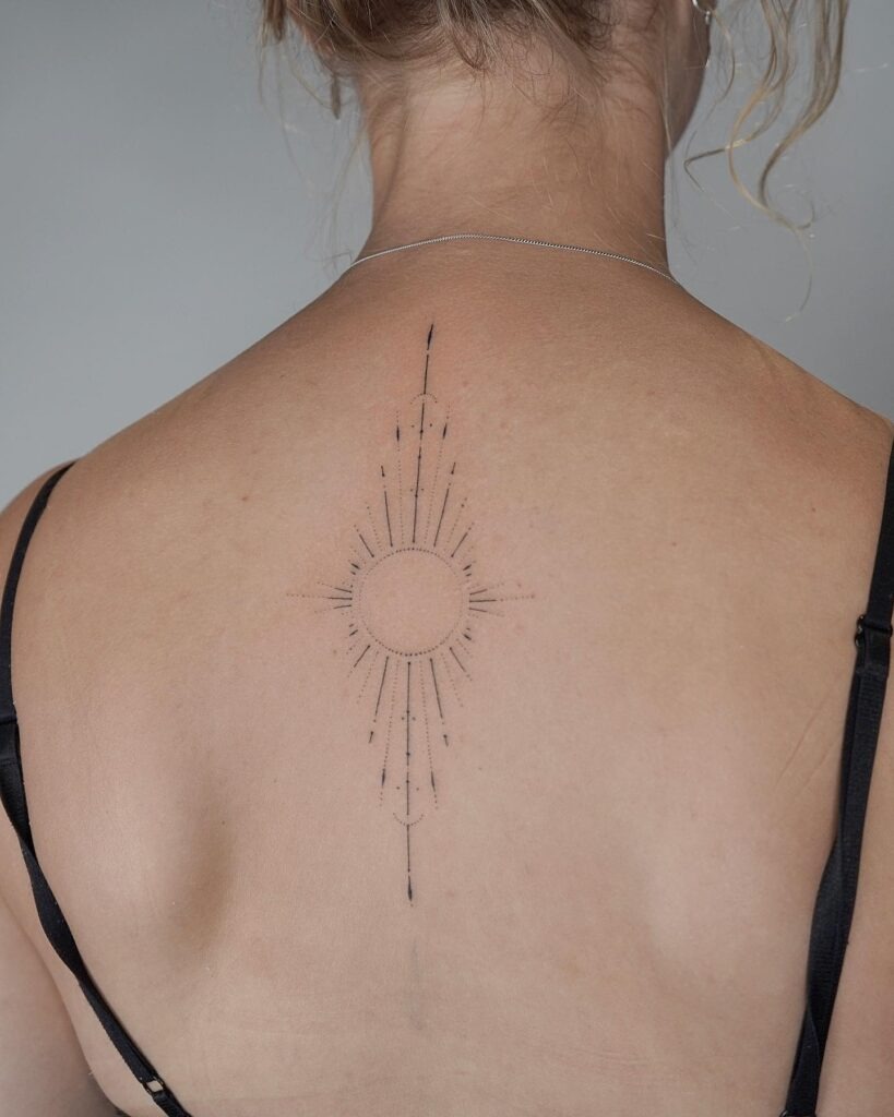 Geometric Sun Tattoo on Upper Back Tattoo Design