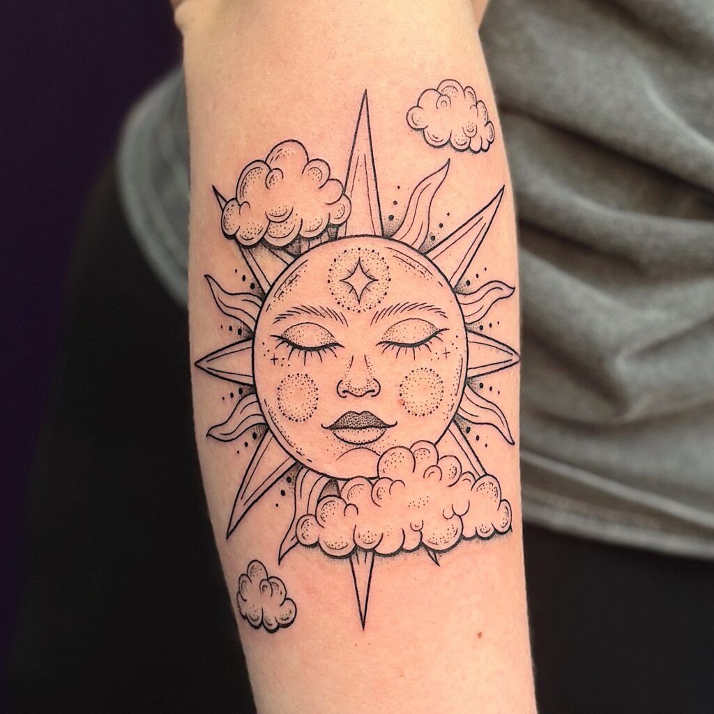 Radiant Sun Face Tattoo with Clouds Tattoo Design