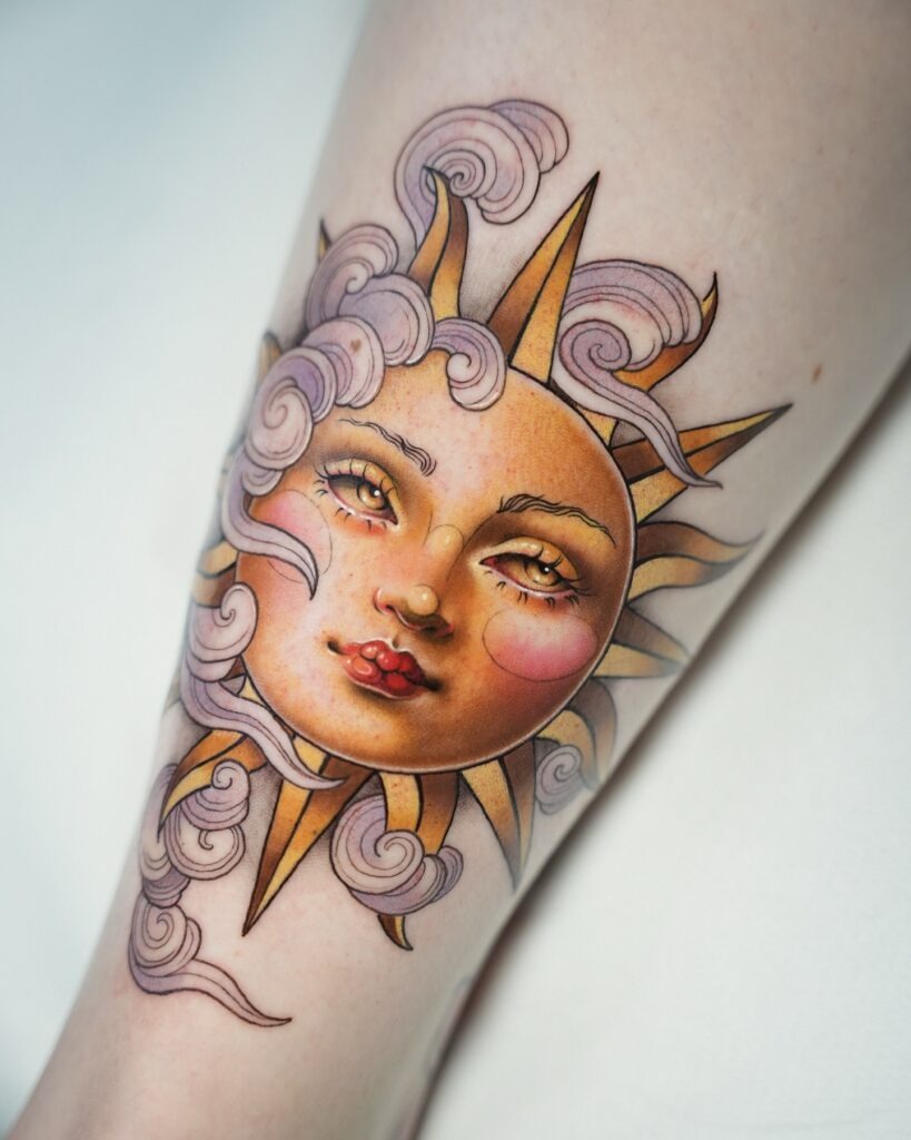 Radiant Sun Goddess Tattoo with Flowing Clouds Tattoo Design
