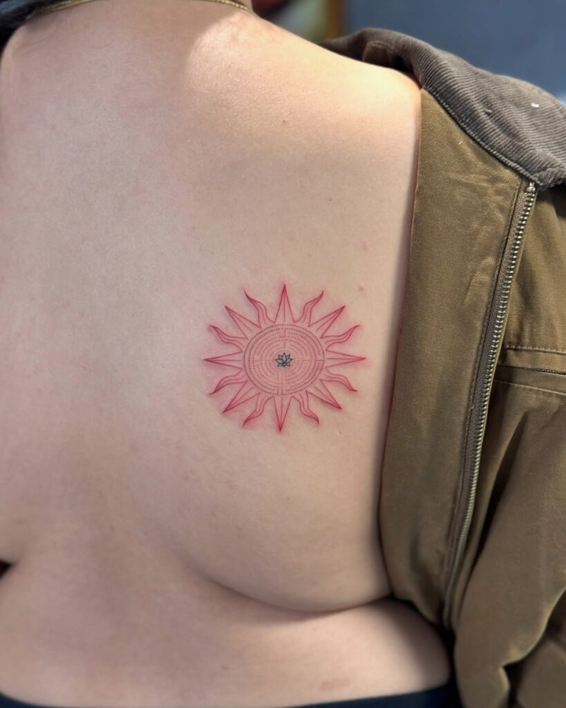 Red Sun Tattoo with Floral Mandala Center Tattoo Design