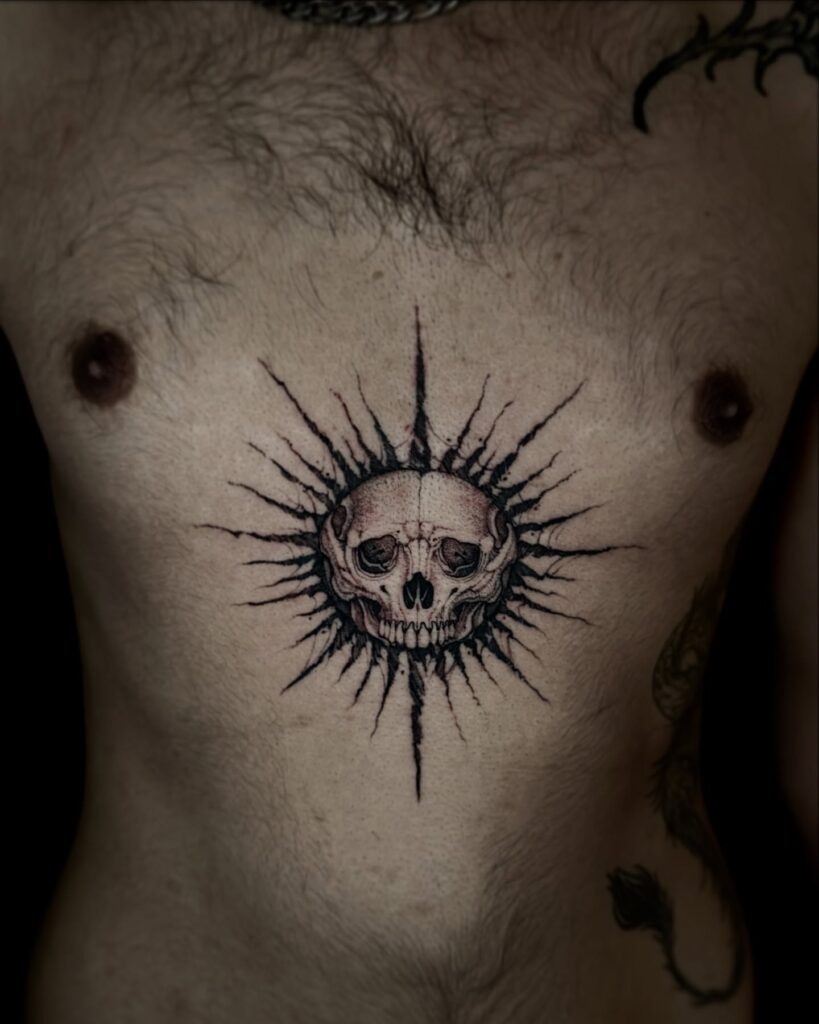 Skull Sunburst Chest Tattoo Tattoo Design