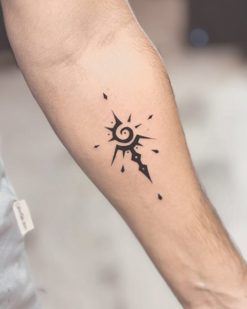 Tribal Spiral Sun Tattoo with Geometric Rays Tattoo Design