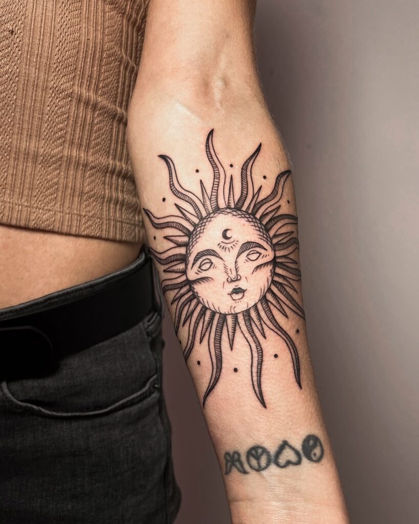 Vintage Sun Face Tattoo with Crescent Symbol Tattoo Design