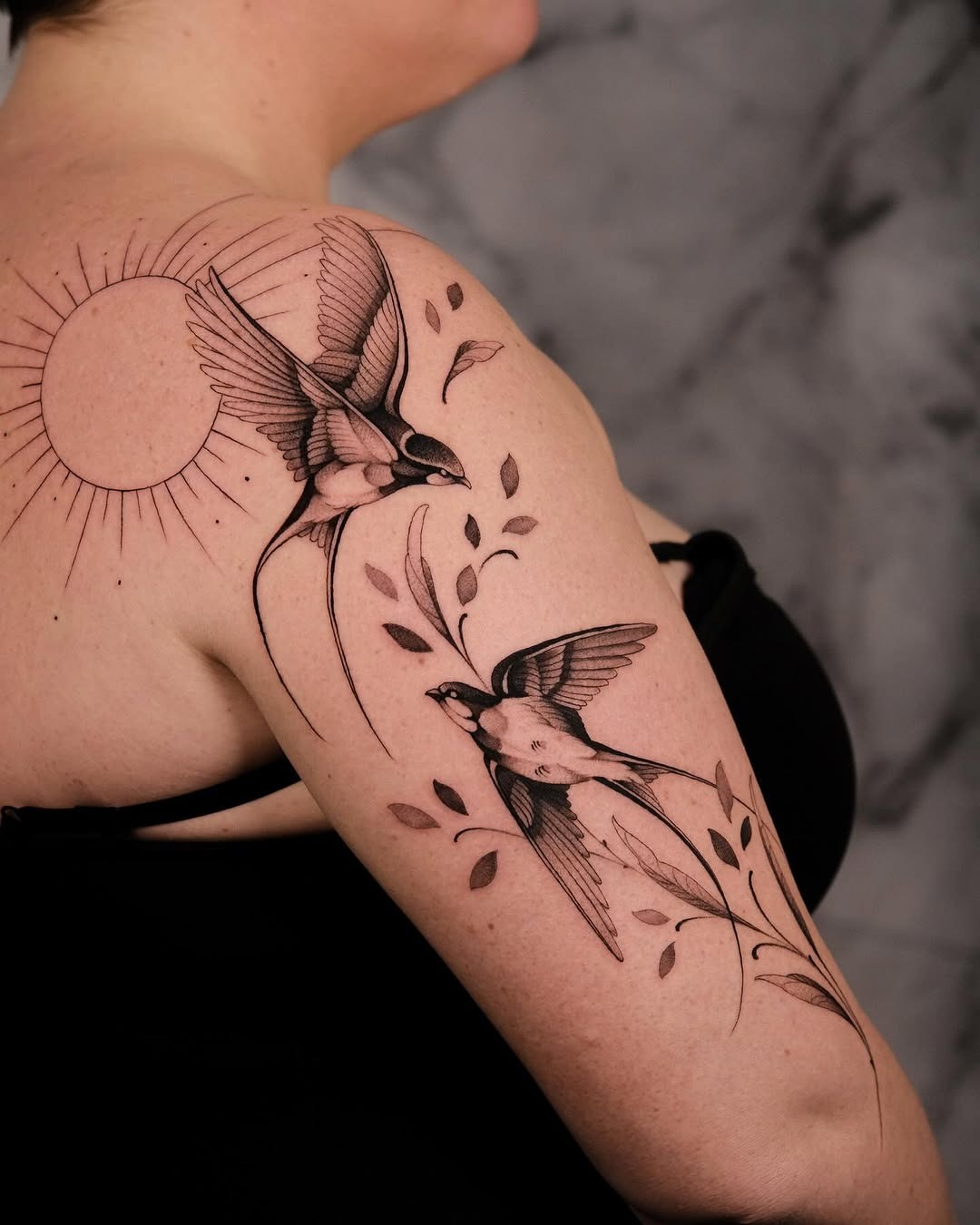 Exquisite Swallow Tattoos Surrounded by Nature Tattoo Design