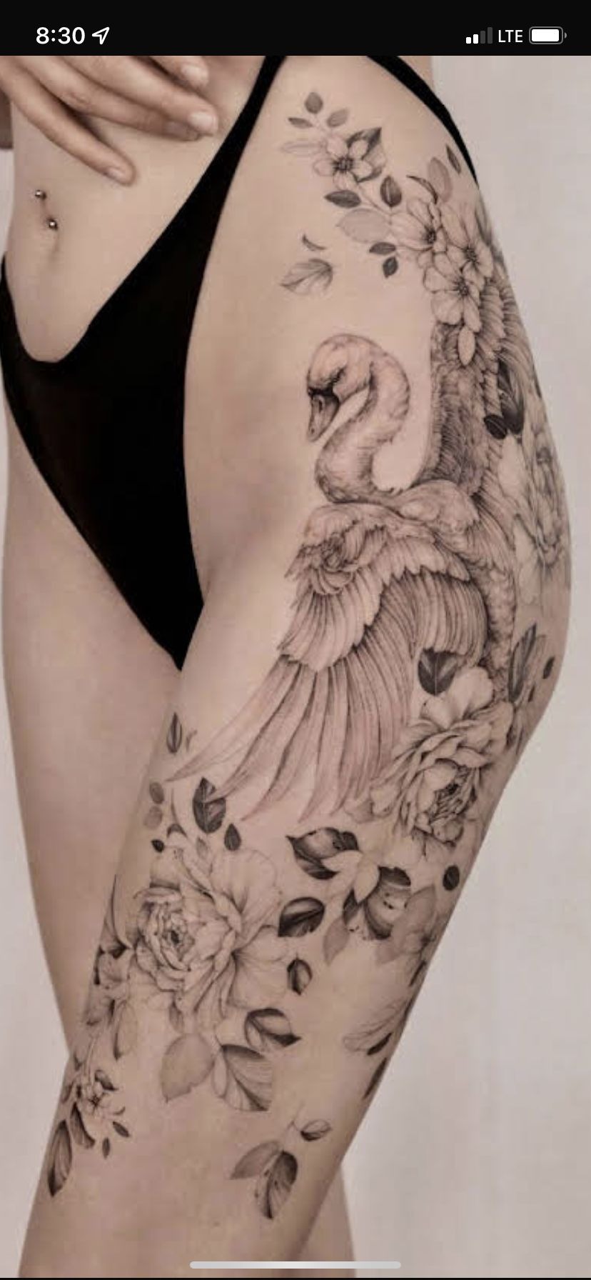 Black and White Floral Swan Statement Piece Tattoo Design