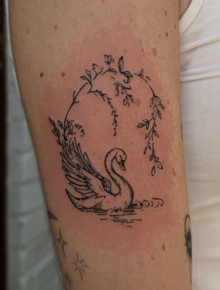 Botanical Swan Frame in Fine Line Ink Tattoo Design