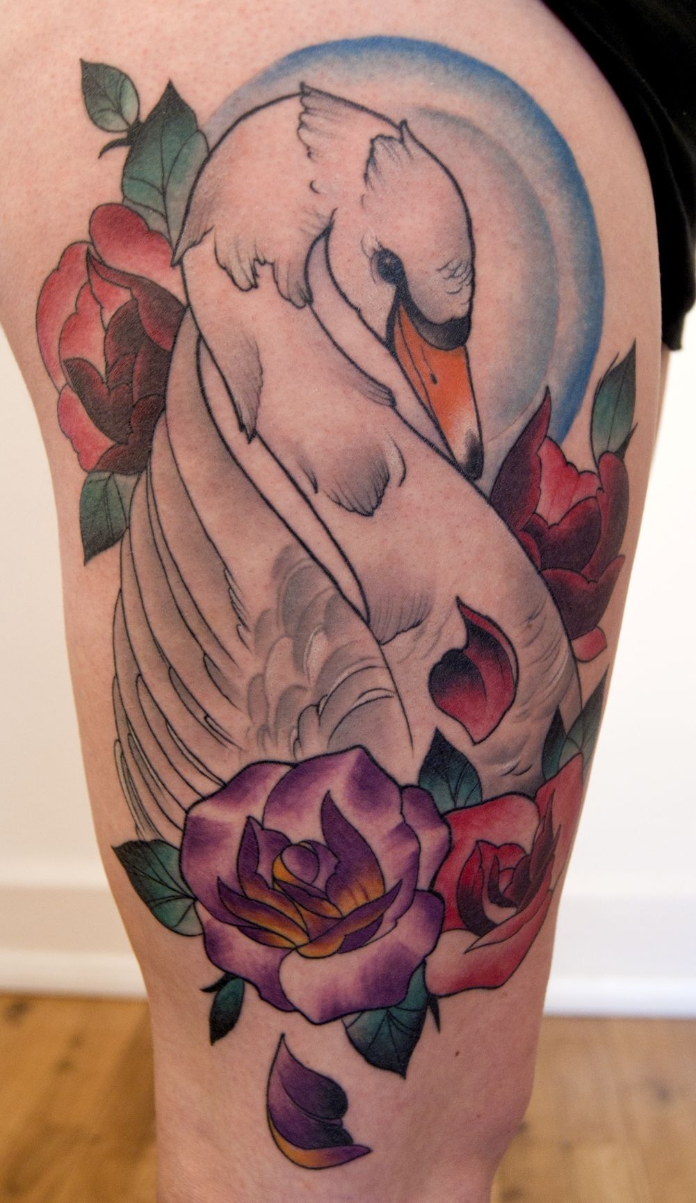 Colorful Swan With Roses and Moon Halo Tattoo Design