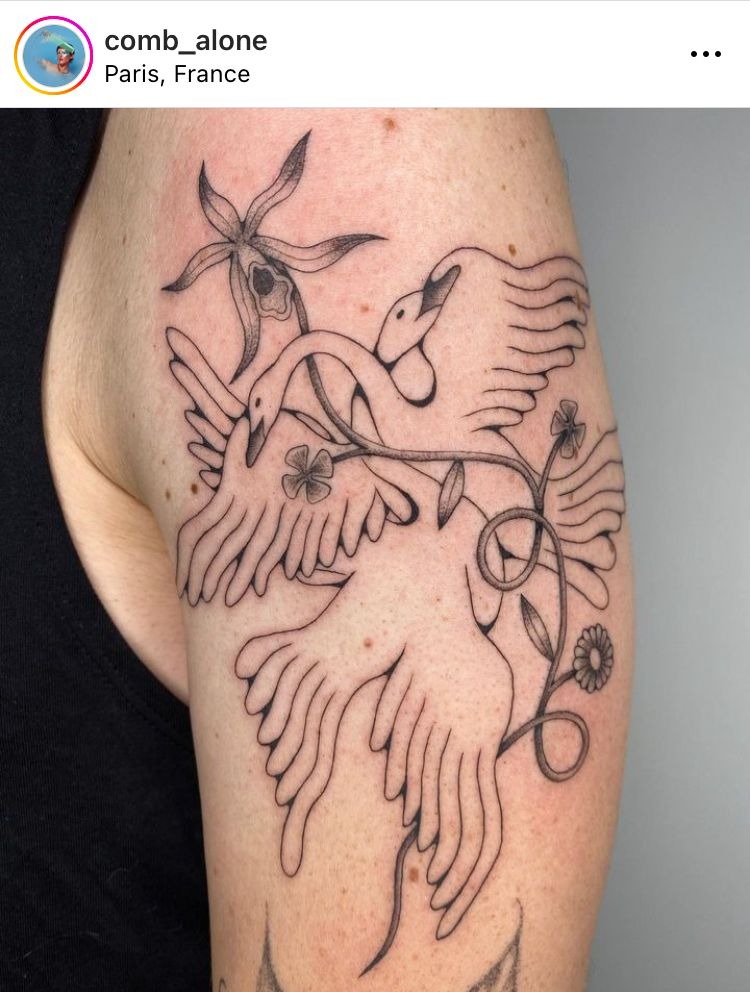 Fine Line Botanical Swan and Floral Pair Tattoo Design