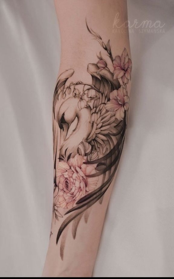 Floral Swan With Soft Pink Shading Tattoo Design
