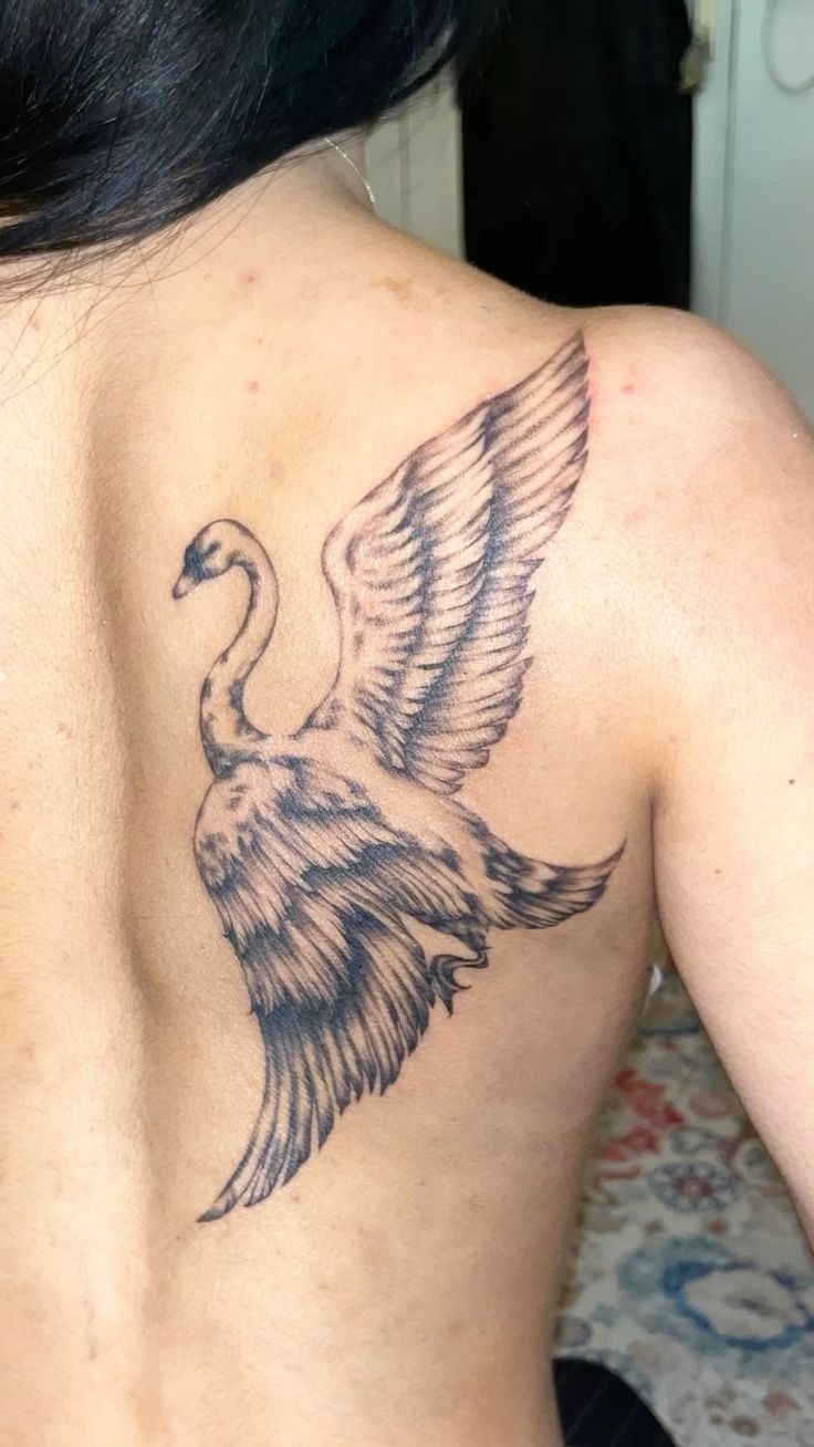 Flying Swan Across the Upper Back Tattoo Design