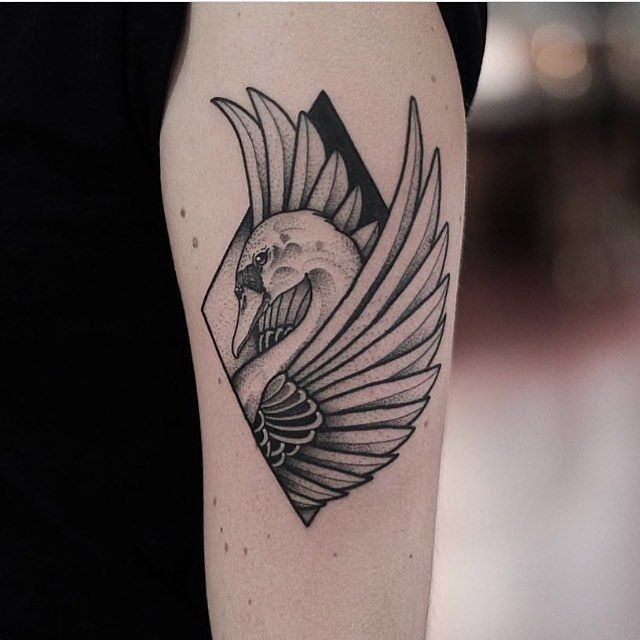 Geometric Swan With Bold Black Wings Tattoo Design