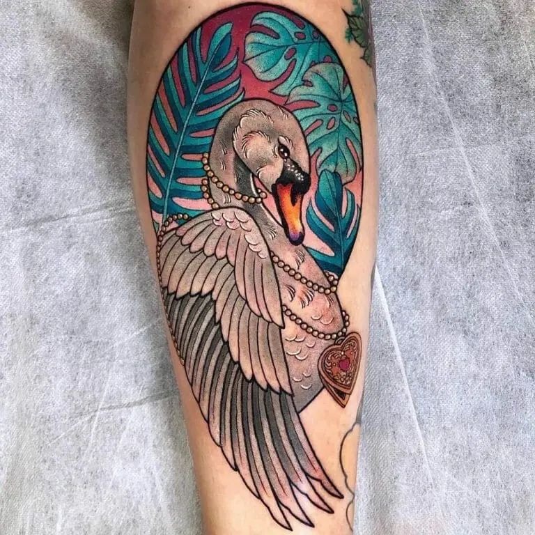 Ornamental Swan With Tropical Color Tattoo Design