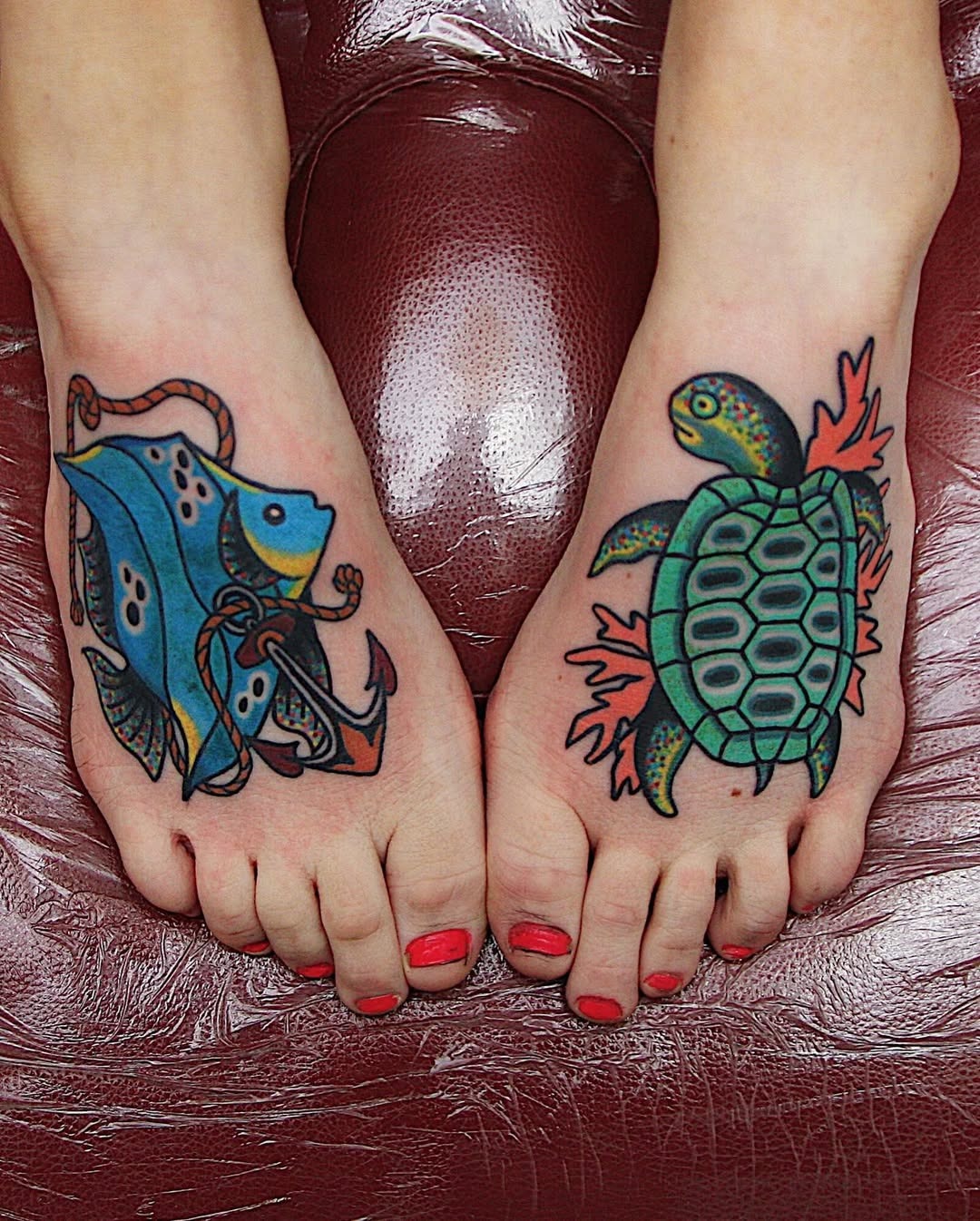 Charming Turtle and Fish Foot Tattoos Tattoo Design
