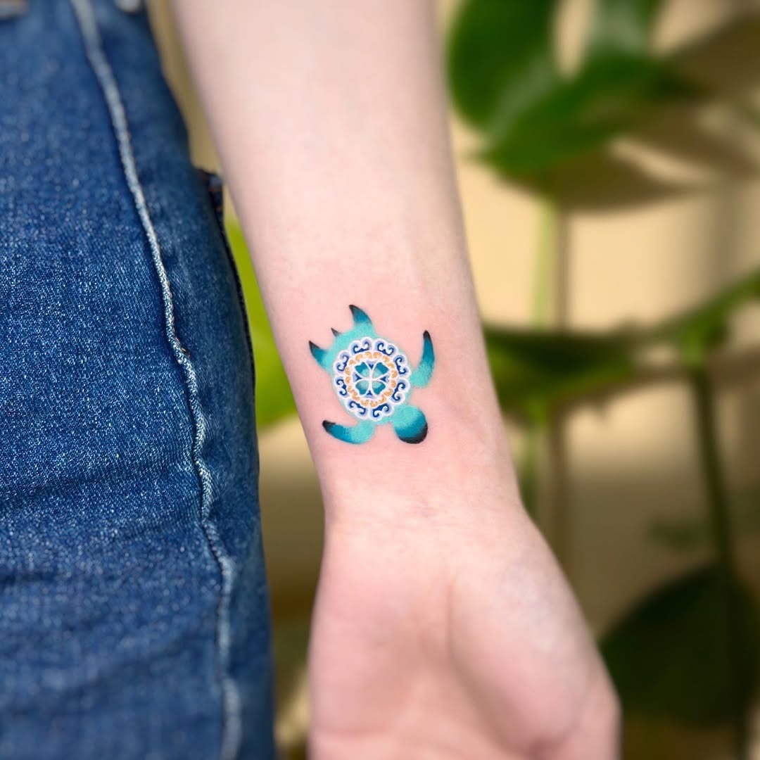 Minimalist sea turtle with tribal patterns Tattoo Design