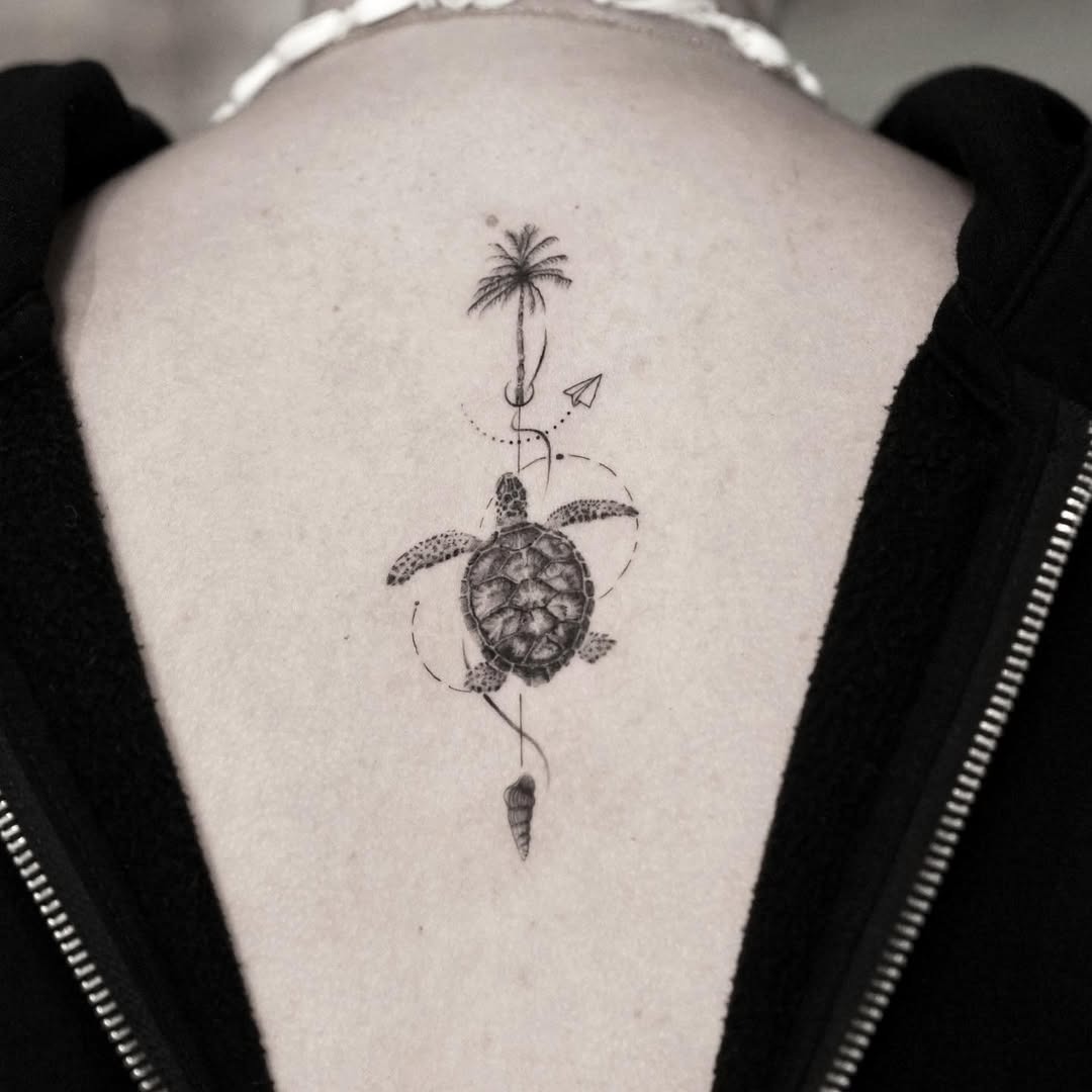 Stylish turtle tattoo with a travel theme Tattoo Design