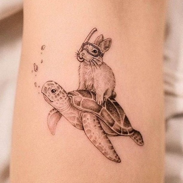 Whimsical Rabbit Riding a Sea Turtle Tattoo Design