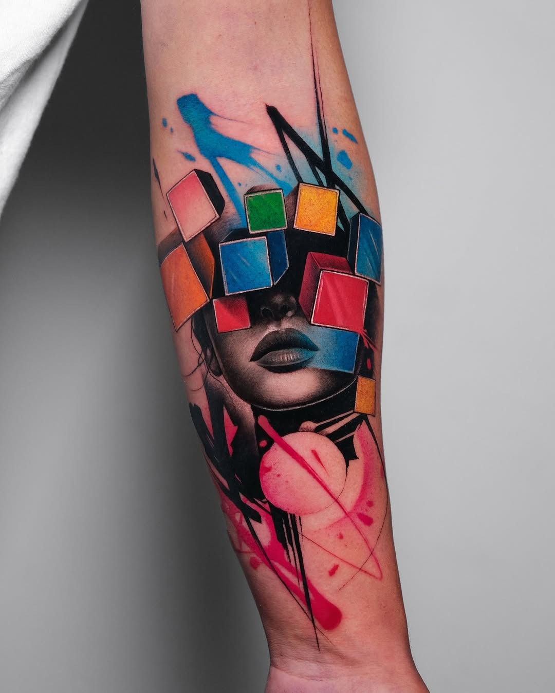 Abstract Watercolor Tattoo with Colorful Elements Tattoo Design