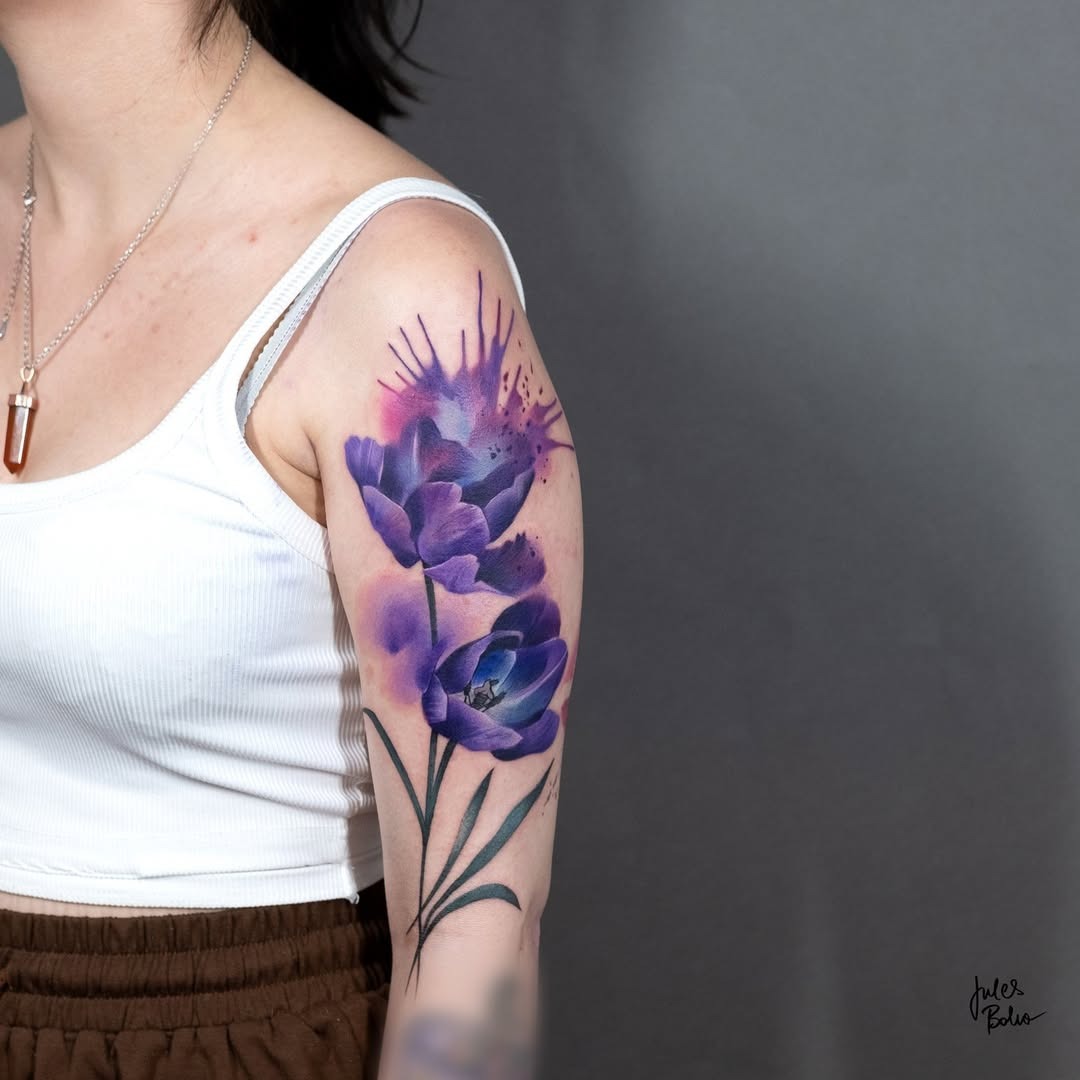 Stunning Purple Flower Watercolor Tattoo on Arm Tattoo Design