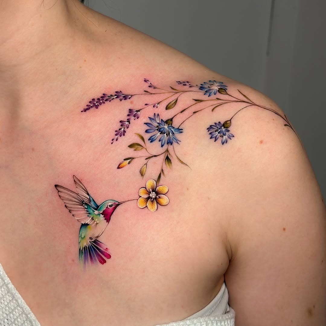 Vibrant Hummingbird and Floral Watercolor Tattoo Tattoo Design