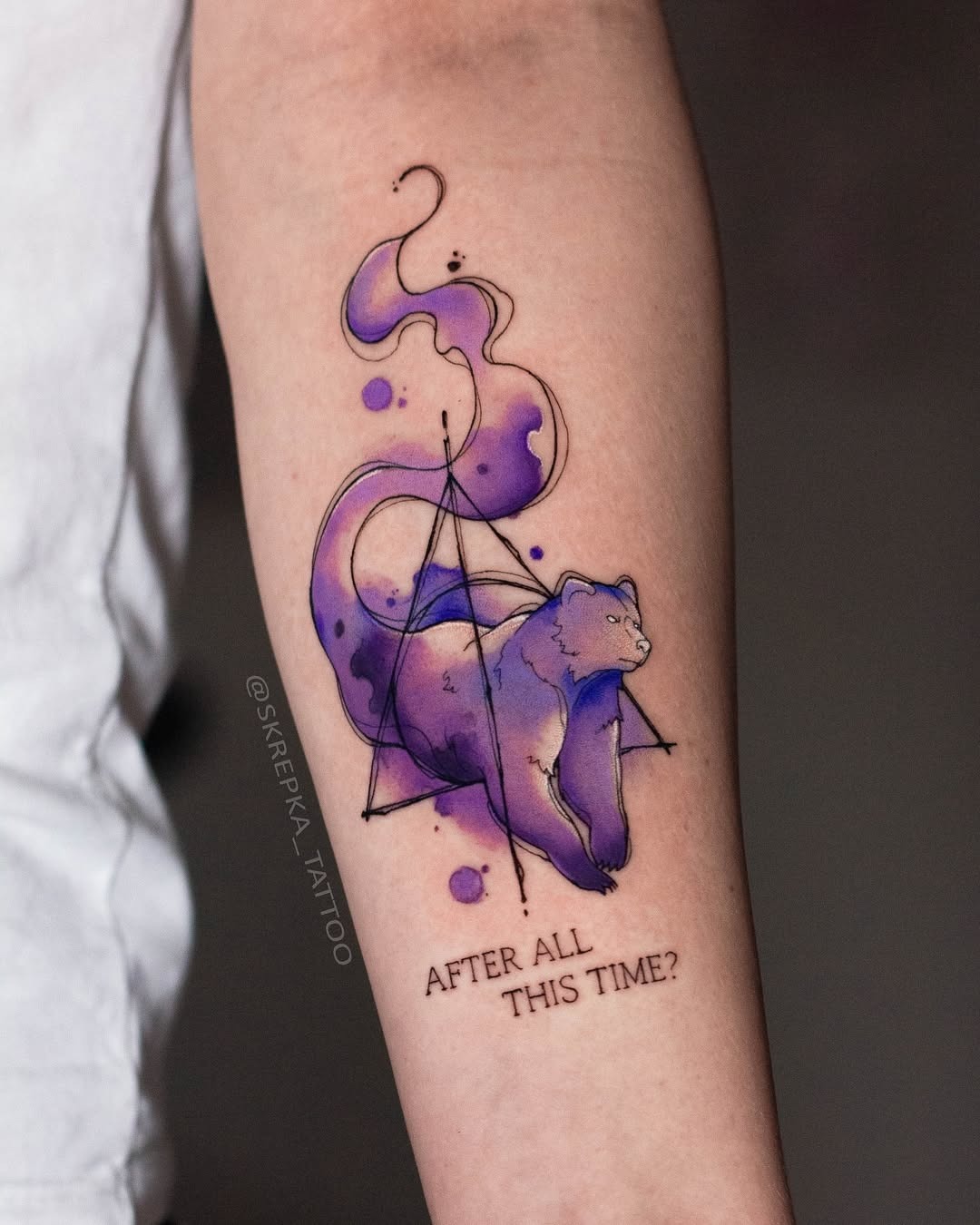 Vibrant watercolor bear tattoo with geometric elements Tattoo Design