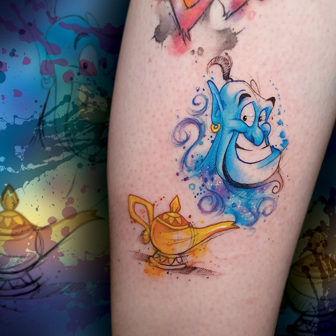 Vibrant watercolor genie and magic lamp tattoo Tattoo Design