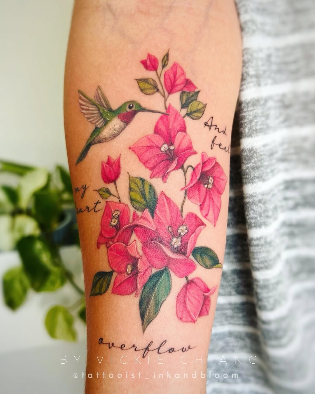 Vivid floral watercolor tattoo with hummingbird Tattoo Design